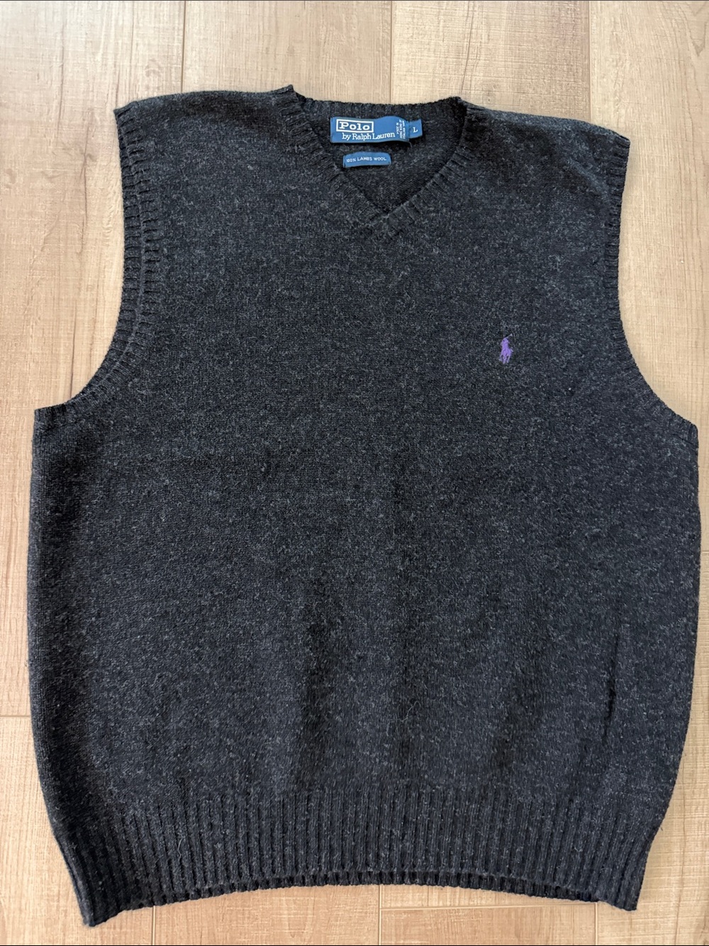 Polo Ralph Lauren Charcoal V-Neck Wool Sweater Vest with Purple Pony-Large